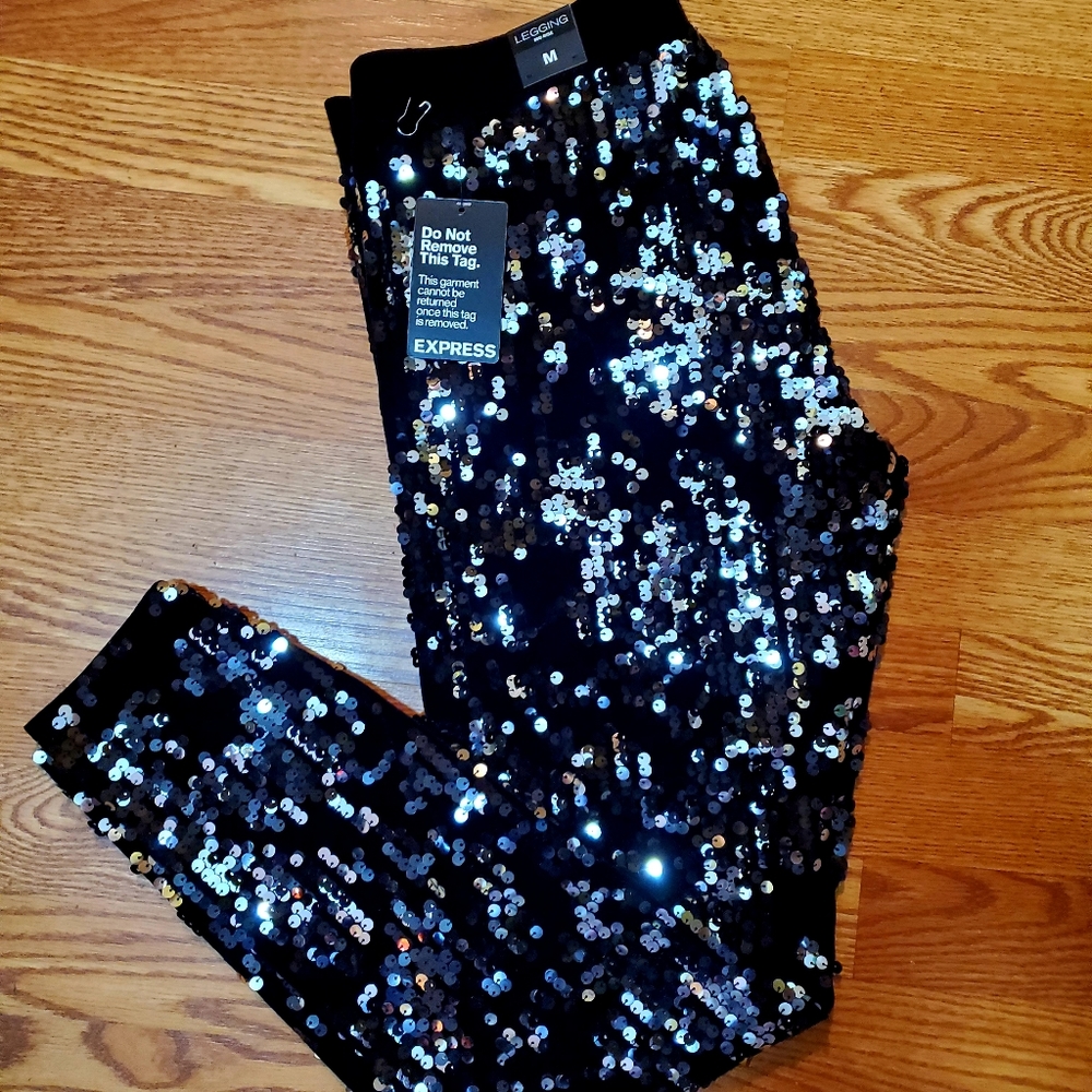 NEW EXPRESS MID RISE SEQUIN LEGGINGS BLACK MEDIUM